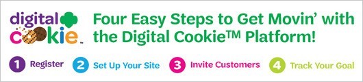 Four East Steps to Get Movin’ with the Digital Cookie™ Platform!  1) Register. 2) Set up your site. 3) Invite customers. 4) Track your goal. 